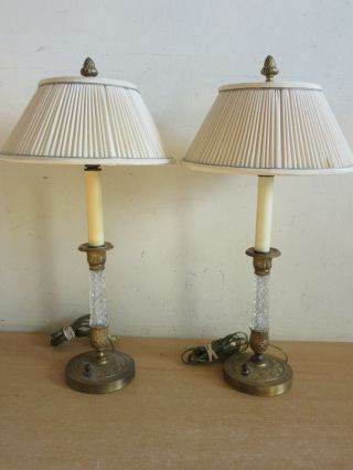 Pair Vintage French Fancy Bronze & Crystal Candlestick Buffet Table Lamps