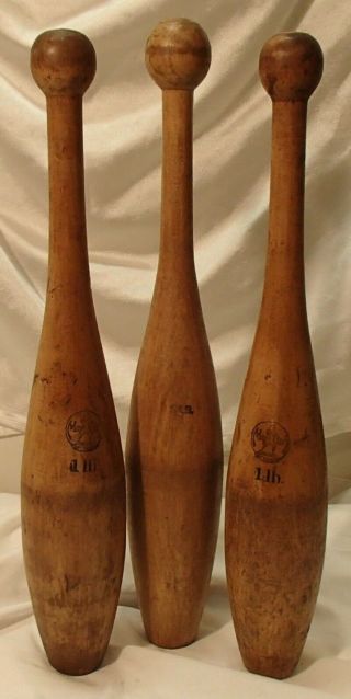 Set Of 3 Antique Wooden 1 Lb Juggling Pins Clubs Mcdar St.  Louis Vtg