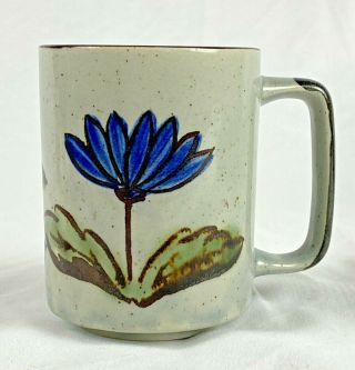 Vtg Stoneware Mug Cup Blue Flower Design Brown Speckle Brown Trim