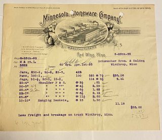 Rare 1893 Red Wing Minnesota Stoneware Company Pottery Jug Advertising Billhead