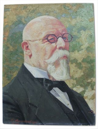 Antique 1916 Portrait Oil Painting Man Glasses Suit Old Figure Signed