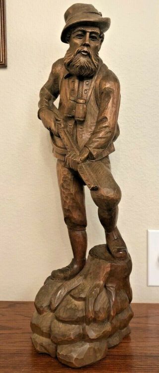 Vintage Black Forest German Hand Carved Wood Hunter Folk Art Statue 22.  5 " Tall