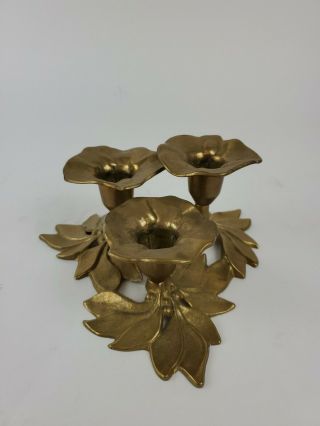 Brass Three Lotus Flower Blossom Candle Holder - 3.  2 Inches Tall,  6.  5 Inch Base