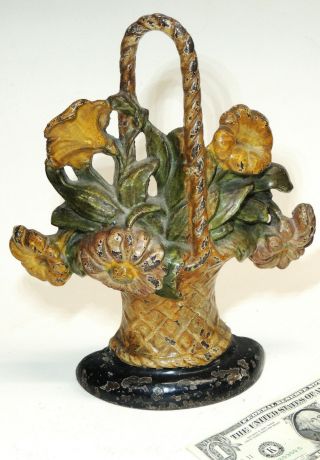 Antique Vtg Hubley Cast Iron Doorstop Paint 182 Art Deco Flower Basket