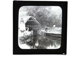 Glass Lantern Slide Reed Boat House - Man & Fishing Net In Norfolk - Valentine