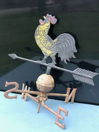 Antique Cast Metal Rooster Weathervane W/directional,  Arrow W/heavy Iron Ball