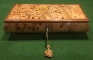 Vintage Italian Swiss Burl Wood Inlay Jewelry Music Box