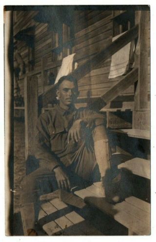 Ww1 World War 1 Military Soldier Man Sitting On Steps Photo Postcard Rppc