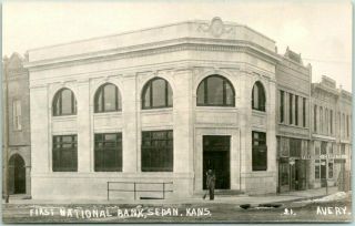 Vintage 1910s Sedan,  Kansas Rppc Postcard First National Bank Street View