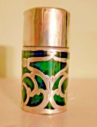 Antique Emerald Green Glass Sterling Silver Overlay Perfume Bottle Smelling Salt