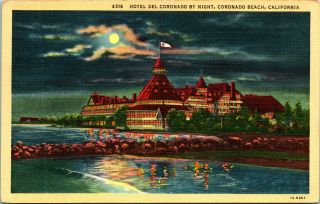 Vintage Linen Postcard Hotel Del Coronado By Night - Coronado Beach Ca Unp