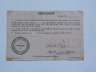 Wwii Certificate 1945 German Pistol Captured Enemy Equipment Ww Ii Vtg War Ww2