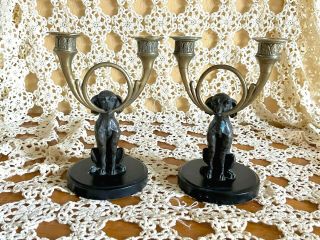 Antique Cast Bronze Dog Candle Holders Pair Art Deco Period