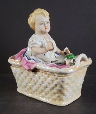 Antique Porcelain Figural Box,  Girl In Basket,  19th Century