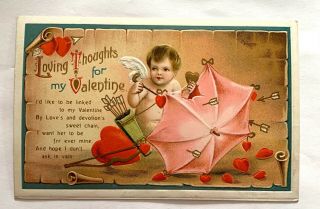 Vintage Valentine Postcard - Ellen Clapsaddle - Cupid With Gold Hearts - Umbrella
