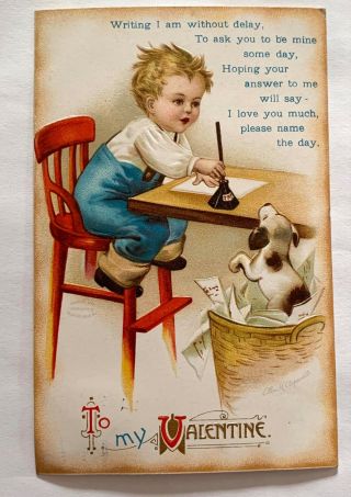 Vintage Valentine Postcard - Ellen Clapsaddle - Boy Writing Letter With Puppy