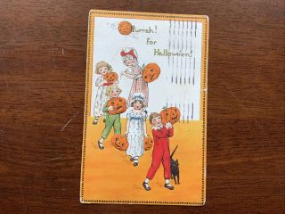 1914 Vintage Tuck Hurrah For Halloween Postcard Children Jols/pumpkins Black Cat