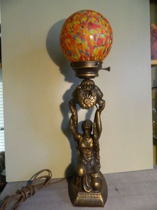 Vintage Art Deco Figural Lamp Lady Balacing Globe Shade Circa 30 