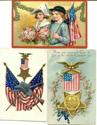 3 Vintage Decoration Day (memorial Day) Postcards Patriotic Embossed