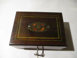 Antique Inlaid Brass Mother Of Pearl Wood Dresser Box With Key