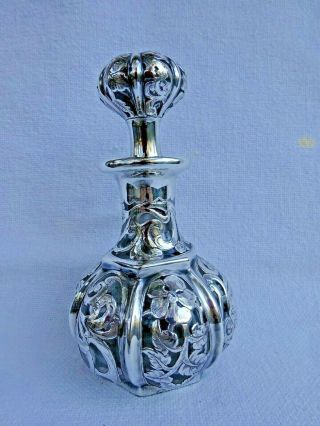 Antique Art Nouveau Sterling Silver Overlay Glass Perfume Bottle Flowers Lobed