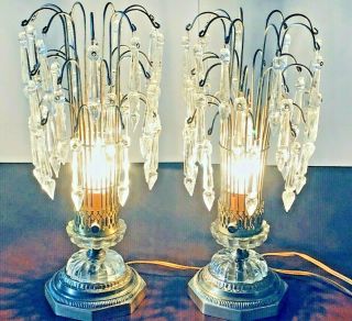 Antique 2 Crystal Waterfall Luster Lamps Crystals