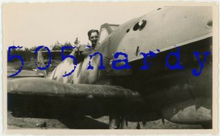 Wwii Us Gi Photo - 3482nd Ord Gi Waves In Us Captured German Me 109 In Forest