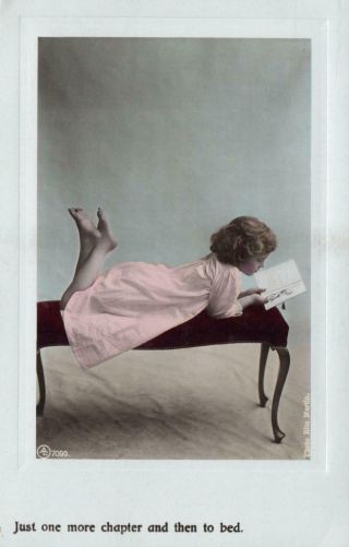 1909 Vintage Rita Martin Hand Coloured Real Photo Young Girl Reading Postcard