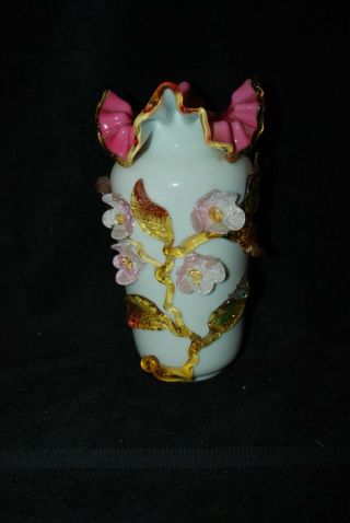 Victorian Cased Pink Applied Flower Leaf Large Art Glass Vase 1880s