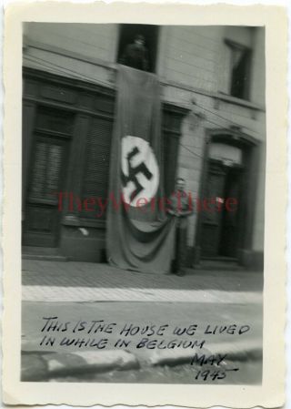 Wwii Photo - 1577th Qm Bn Mobile - Us Gis W/ Captured German Flag Banner Belgium