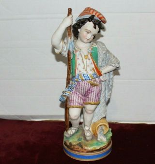 Antique Porcelain Bisque 16 " Statue Boy Figure W Fish/basket Of Fish