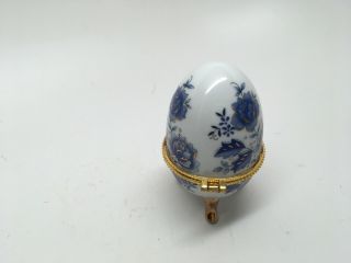 Vtg Blue & Gold Gilt Floral Porcelain Egg Shaped Hinged Lid Trinket Box -