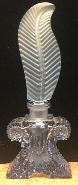 Vintage Cut Czech Art Deco Ice Blue Glass Perfume Bottle Signed
