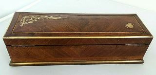 Antique Victorian Wood Glove Box With Inlay Brass Accent Satin Lined