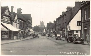 Middlesex Pinner High Street Shops & Church Parked Old Cars Photo Card