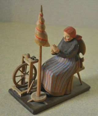 Vintage Hans Huggler Wyss Hand Carved Wood Figure Woman At The Spinning Wheel