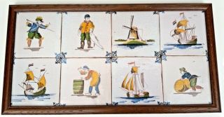 (8) Antique 17th Century Dutch Delft Polychrome Tiles Ships Fisherman Crew Framed