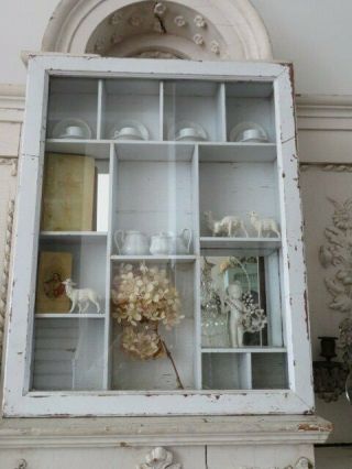 Fabulous Old Vintage Chippy White Wood Display Cabinet Glass Door 13 Shelves