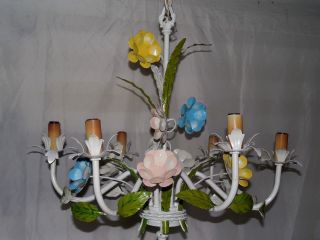 Vintage Italian Tole Metal Painted Flowers 6 Light Electric Hanging Chandelier