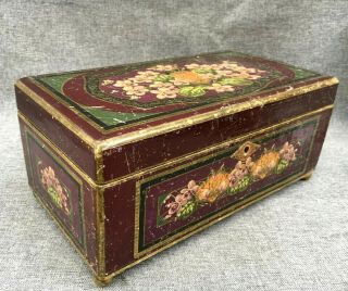 Antique French Napoleon Iii Jewelry Makeup Box Painted Wood Brass 19th Century