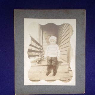 Antique Cabinet Card Photo Of Boy With Cast Iron Horse Drawn Toy Ladder Wagon