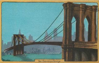 York City Brooklyn Bridge Artist Signed H.  C.  Sowden Litho Old Postcard View