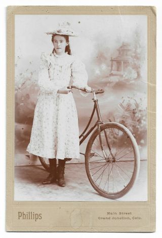 Antique Cabinet Card Photo Pretty Girl With Her Bicycle Grand Junction Colorado