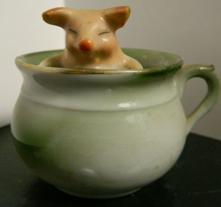 Antique German Pink Pig Porcelain Pigs In Tea Cup Toothpick /match Safe Excell