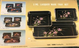 Lacquer 3 Piece Serving Tray Set Birds Japan Black Gold Toyo Vintage Asian MCM 2