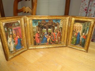 Vintage Gold Tole Wood Italian Florentine Nativity - Life Of Jesus Triptych