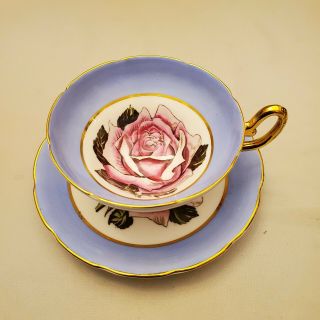 T&k Taylor & Kent Pink Cabbage Rose Blue Tea Cup And Saucer With Gold Rim Handle