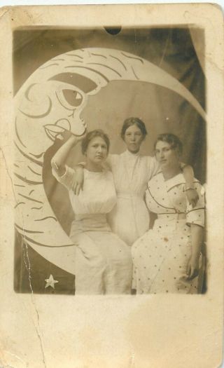 3 Women Sitting On A Paper Moon Old Studio Real Photo Postcard View