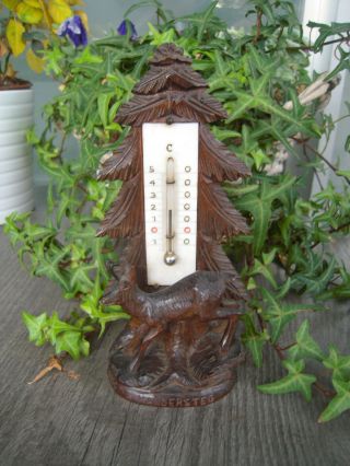 Antique Black Forest Wood Carved Deer With Thermometer