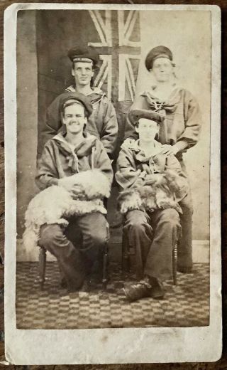 Antique Naval Cdv Four Members Of H.  M.  S Ocean Crew Two With Dogs On Laps W.  Murch